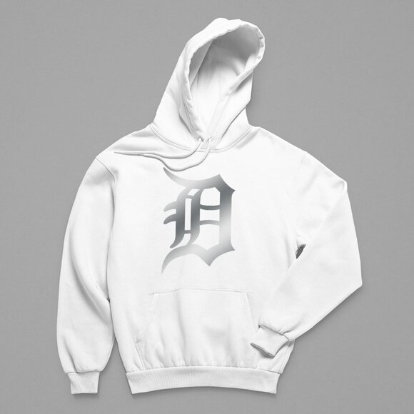 NEW Detroit Tigers D Silver Big Logo Fleece Pullover Hoodie WHITE